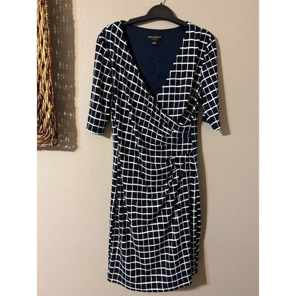 Connected Dress 8 Navy Blue Ivory Check Short Sleeve Stretch Sheath Washable - Picture 5 of 7